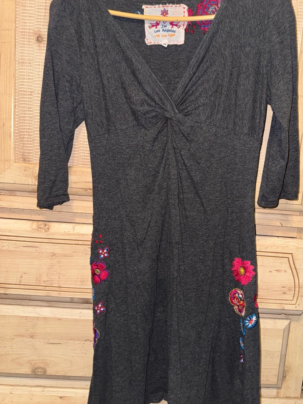 Johnny Was Charcoal Midi Dress with Pink & Blue Floral Embroidery